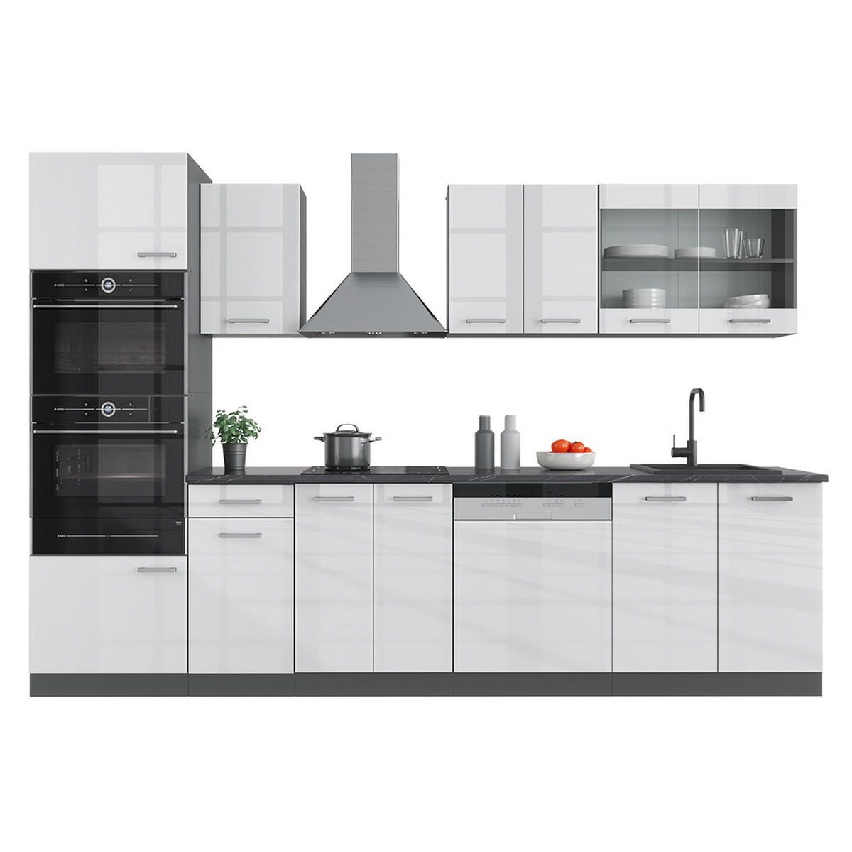 KÜCHENZEILE R-Line Weiß Hochglanz/Anthrazit 300 cm mit Hochschrank ohne AP - Weiß Hochglanz/Anthrazit, Holzwerkstoff (300/81.6/46cm) - Vicco