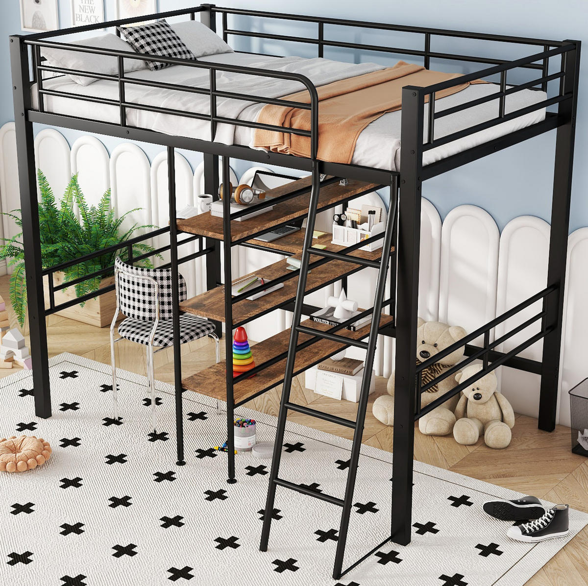 HOCHBETT 90/200 cm aus Metall mit Schreibtisch und Regalen, Schwarz - Schwarz, Metall (90/200cm) - Flora Grace