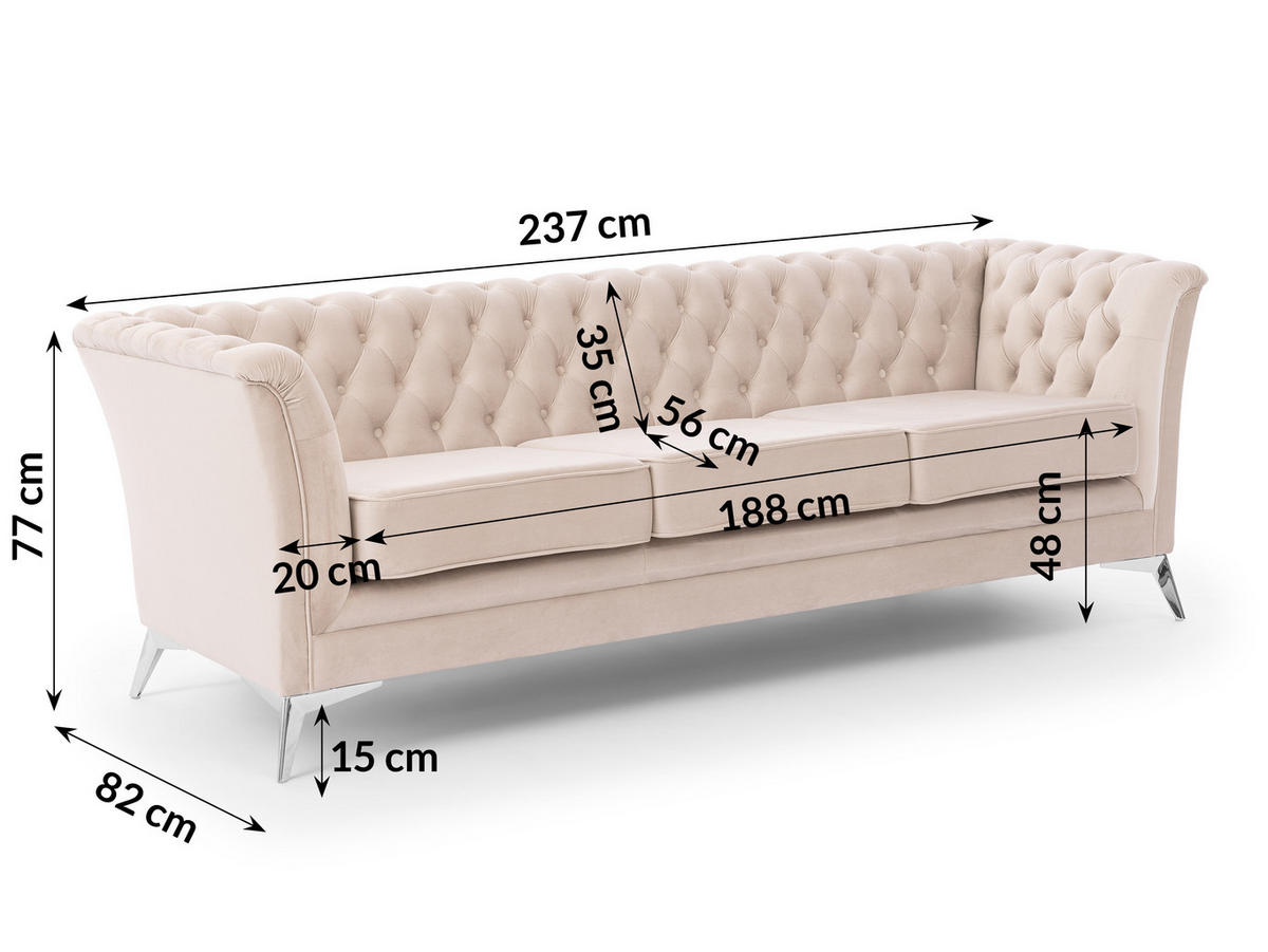 SITZGARNITUR 3+2 Chesterfield Whitby Beige Samt mit silbernen Füßen - Beige/Silberfarben, Holz/Textil (237/78/82cm) - S-Style Möbel