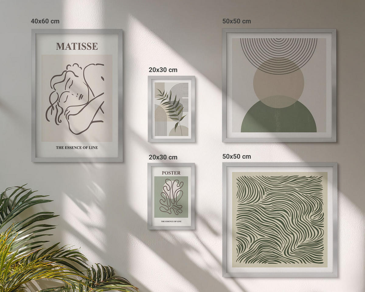 WANDBILDER 5er Set - 50x50 cm & 20x30 cm & 40x60 cm Silberner Rahmen - Geometrische botanische Muster - Silberfarben, Kunststoff (40/60cm) - ArtPrintCave
