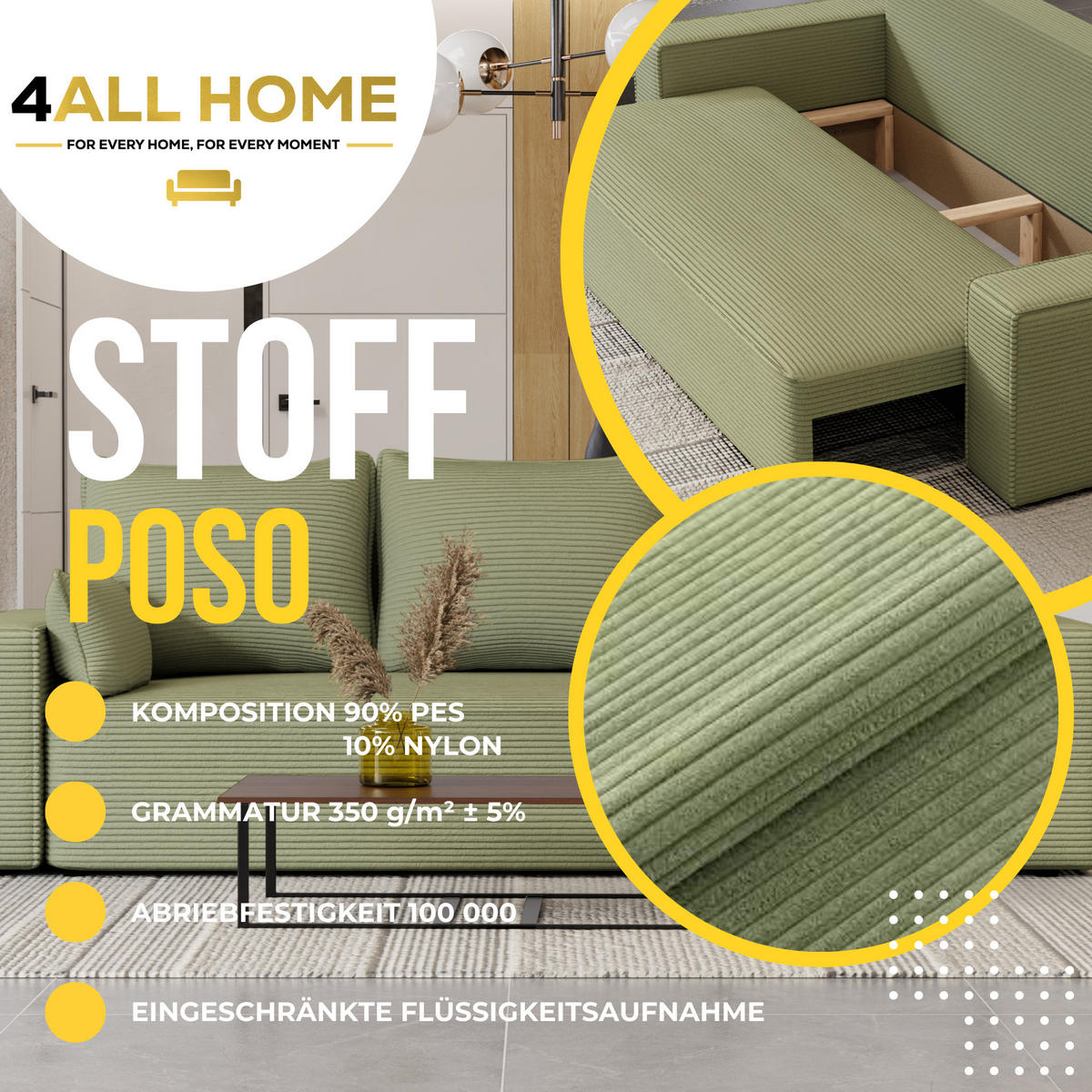 SOFA Vens mit Bettkasten und Schlaffunktion, Cordstoff - Salbeigrün, Holzwerkstoff (242/85/95cm)