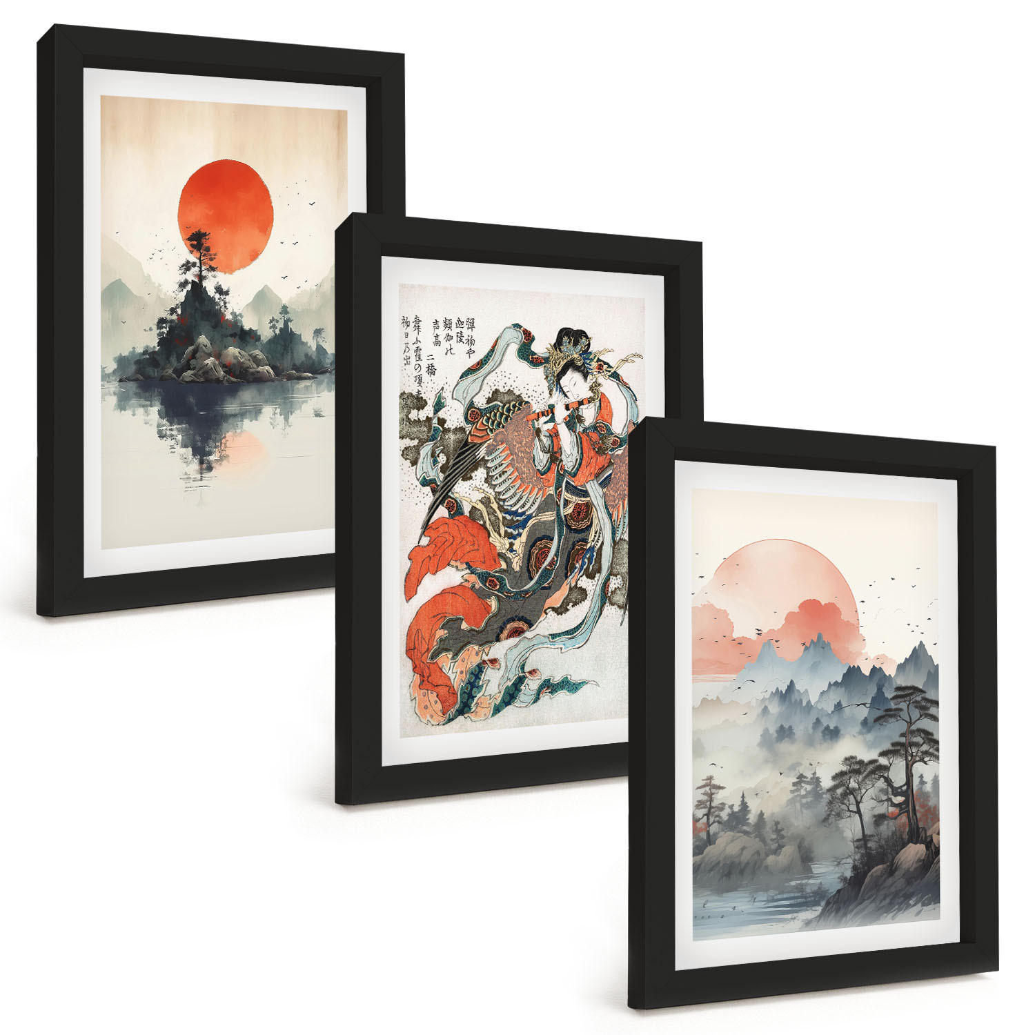 BILDER SET 3er Set - 20x30 cm Schwarzer Rahmen - Asiatische Japandi-Malereien - Schwarz, Kunststoff (20/30cm) - TULUP