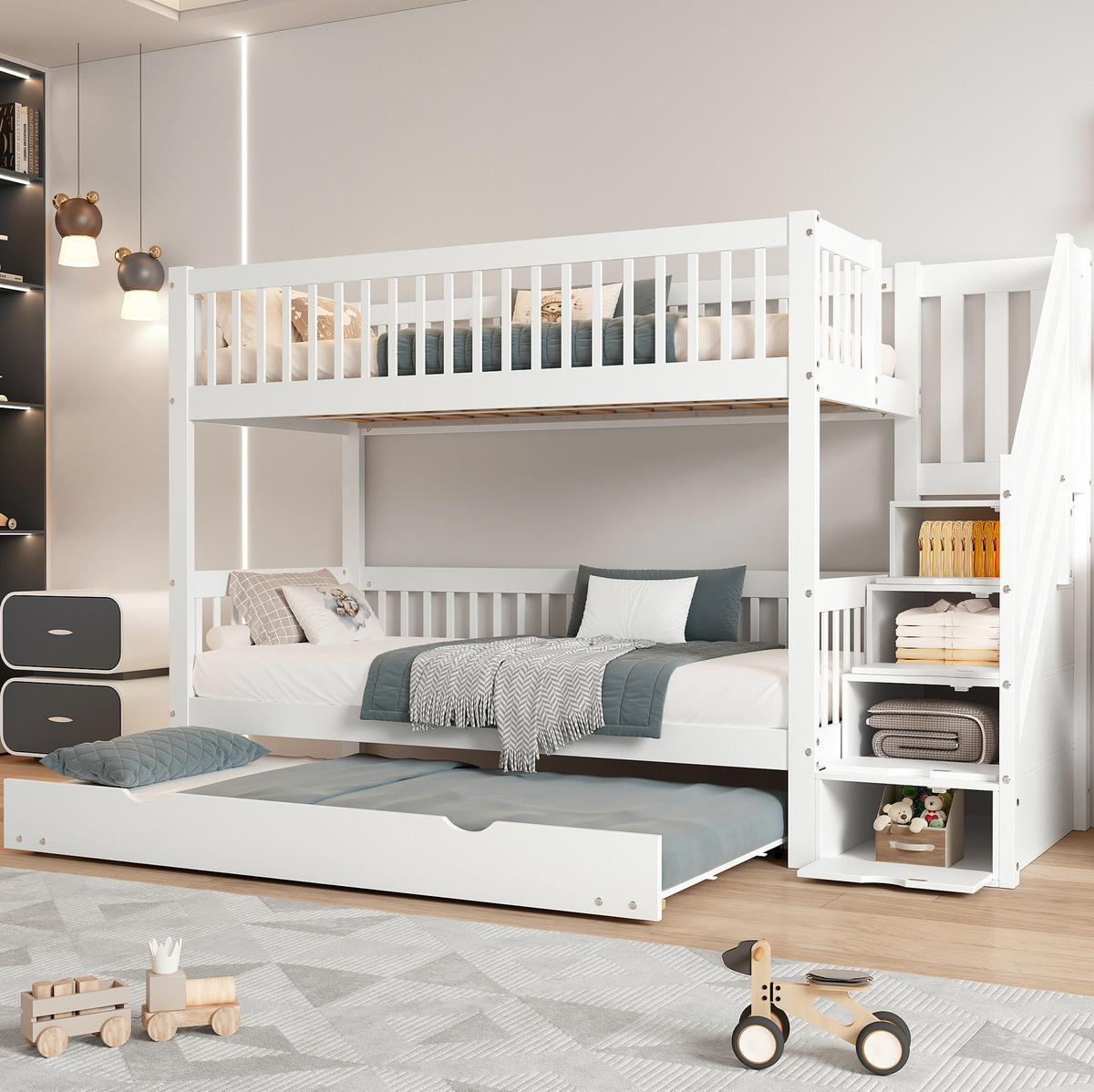ETAGENBETT aus Kiefer und MDF 90x200/190 cm Weiß mit Rollbett, Leiterschrank und Rundum-Fallschutz - Weiß, Holzwerkstoff (90/200cm) - Modfu