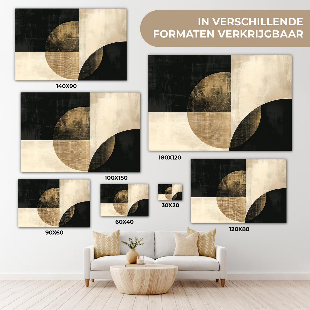 LEINWANDBILD Abstrakt - Geometrische Formen - Schwarz - Gold Wohnzimmer Groß 120x80 cm - Ecru, Textil (120/80cm) - MuchoWow