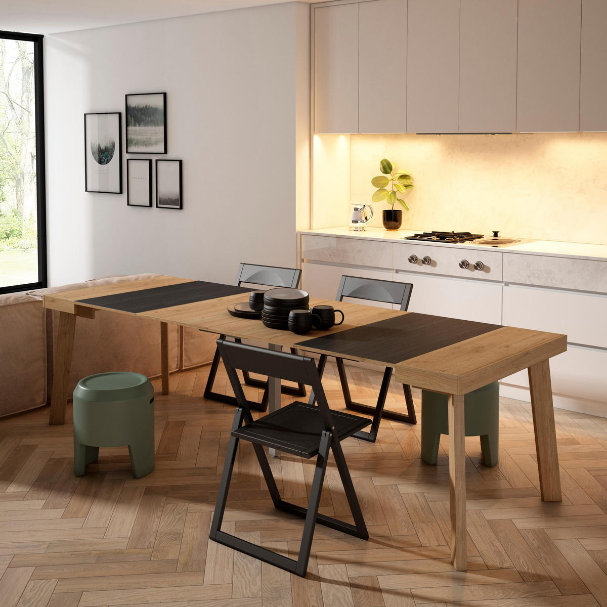 KONSOLENTISCH ausziehbar 58 bis 262cm, für 12 Gäste, eiche, schwarz, 90/58/73cm - Eichefarben/Multicolor, Holzwerkstoff (90/262/73cm) - Skraut Home