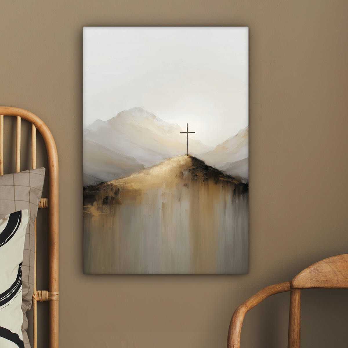 LEINWANDBILD Hügel - Abstrakt - Kreuz - Christentum Wanddeko Schlafzimmer 60x90 cm - Beige, Textil (60/90cm) - MuchoWow