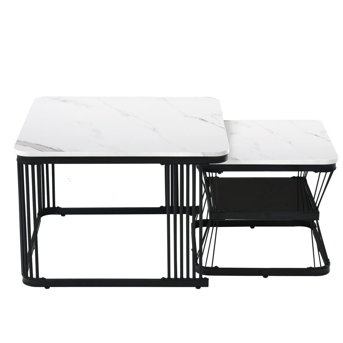 COUCHTISCH 65/65/45 cm und 45/45/39,5 cm Weiß in Marmoroptik mit mattschwarzen Stahlbeinen - Weiß, Holzwerkstoff (65/65/45cm) - OKWISH