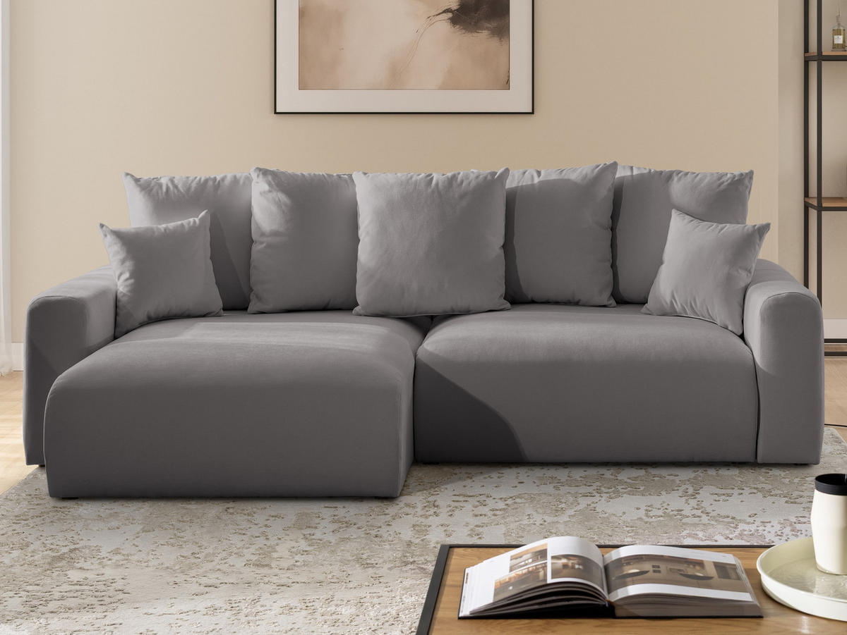ECKSOFA Calma mit Schlaffunktion und Bettkasten im Bumpy-Design aus weichem Taupe Webstoff - Ottomane links - Taupe/Schwarz, Holz/Kunststoff (239/140cm) - S-Style