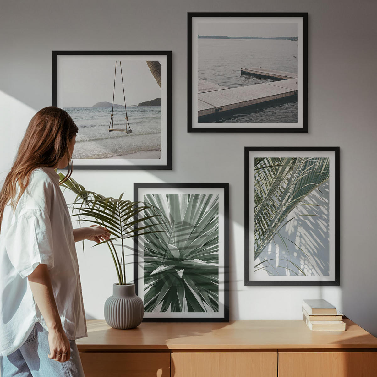 WANDBILDER 4er-Set - 50x50 cm & 40x60 cm Schwarzer Rahmen - Hängebrücke aus Palmenblättern - Schwarz, Kunststoff (50/50cm) - ArtPrintCave