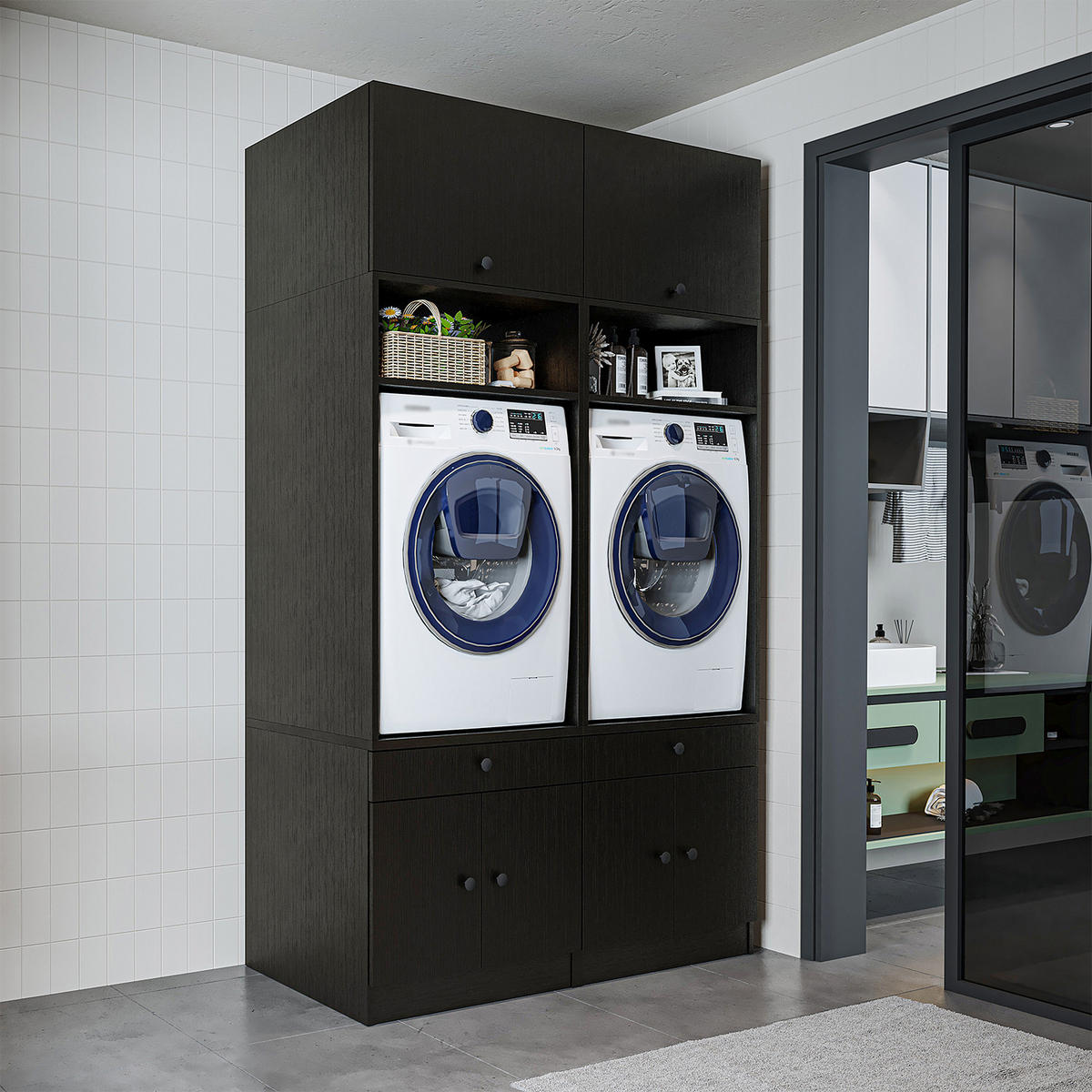 WASCHMASCHINENSCHRANK Serie 1 134cm Breit, 230cm Hoch - Schwarz, Holzwerkstoff (134/230/67cm)
