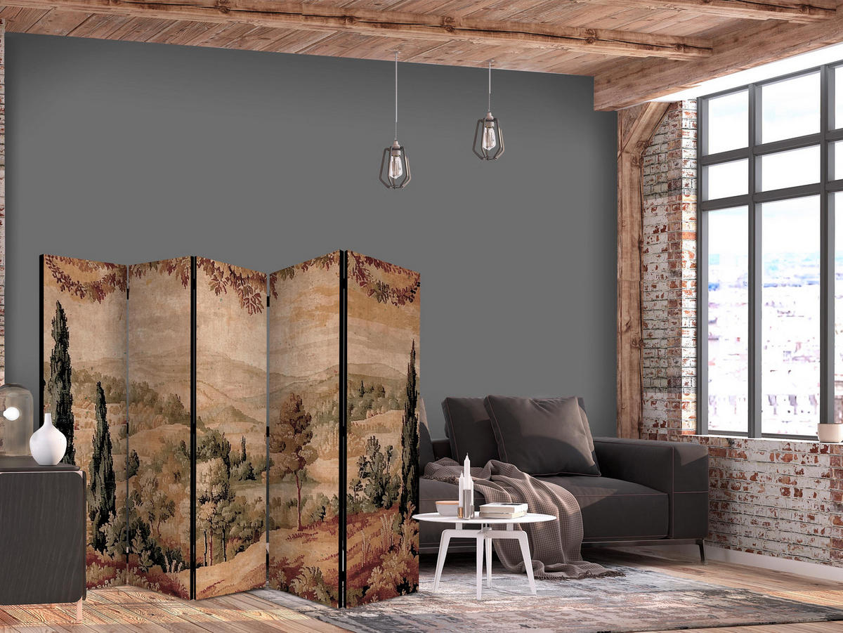 PARAVÁN Obojstranný 5-dielny 225x172 cm Retro Krajina - hnedá, drevo/textil (225/172/3cm) - Muralo