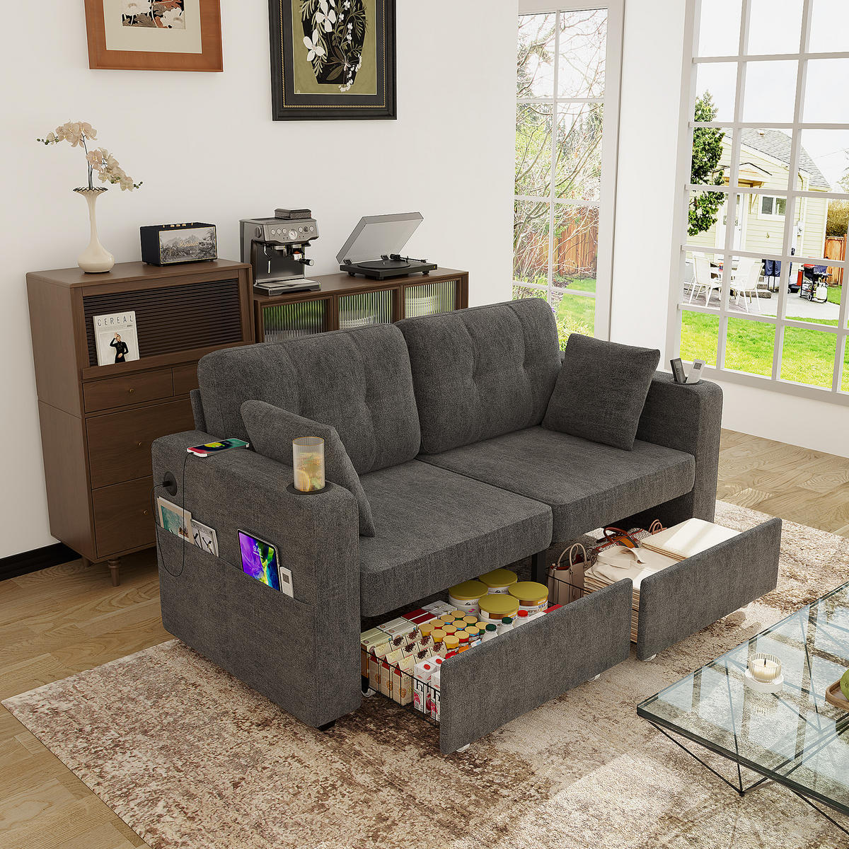 2-SITZER Sofa aus Chenille 172x75x82 cm mit USB-Anschlüssen & Stauraum, grau - Grau, Textil (75/82/172cm)