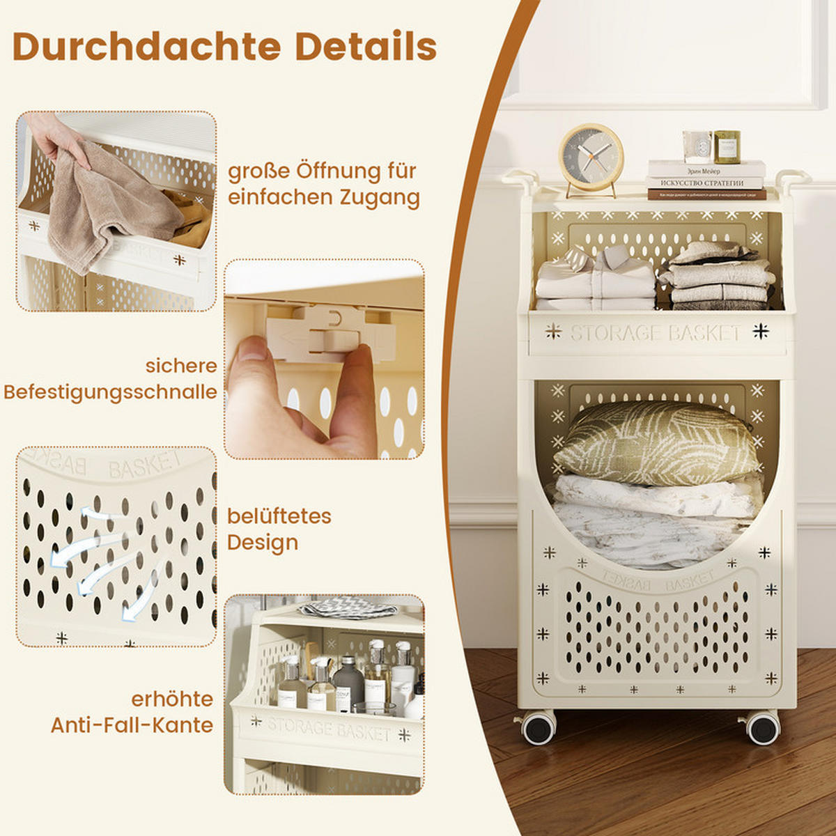 WÄSCHEKORBWAGEN Faltbarer beige - Beige, Kunststoff (40/78/30cm) - COSTWAY