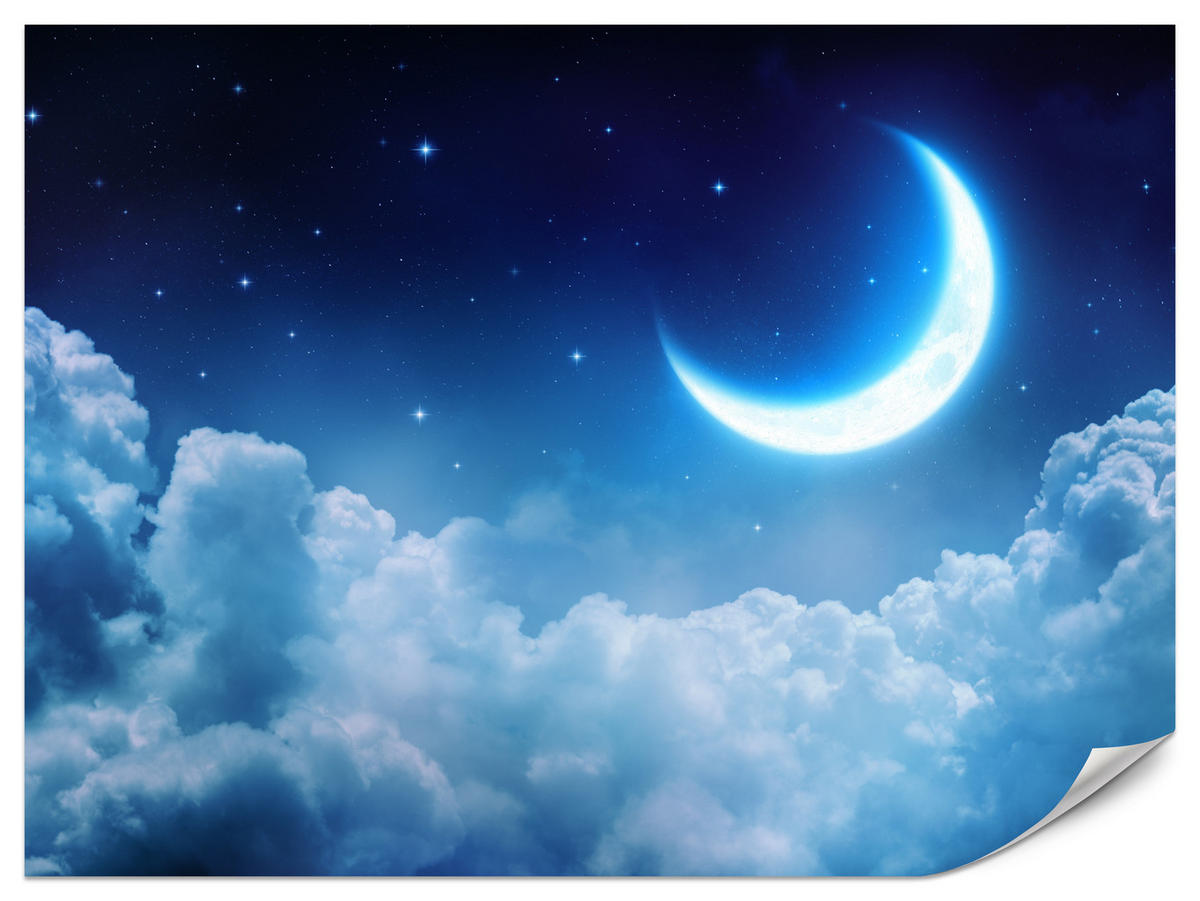 FOTOTAPETE für Schlafzimmer Himmel Wolken Mond Sterne 300x210 - Blau/Dunkelblau, Papier (300/210cm) - Muralo