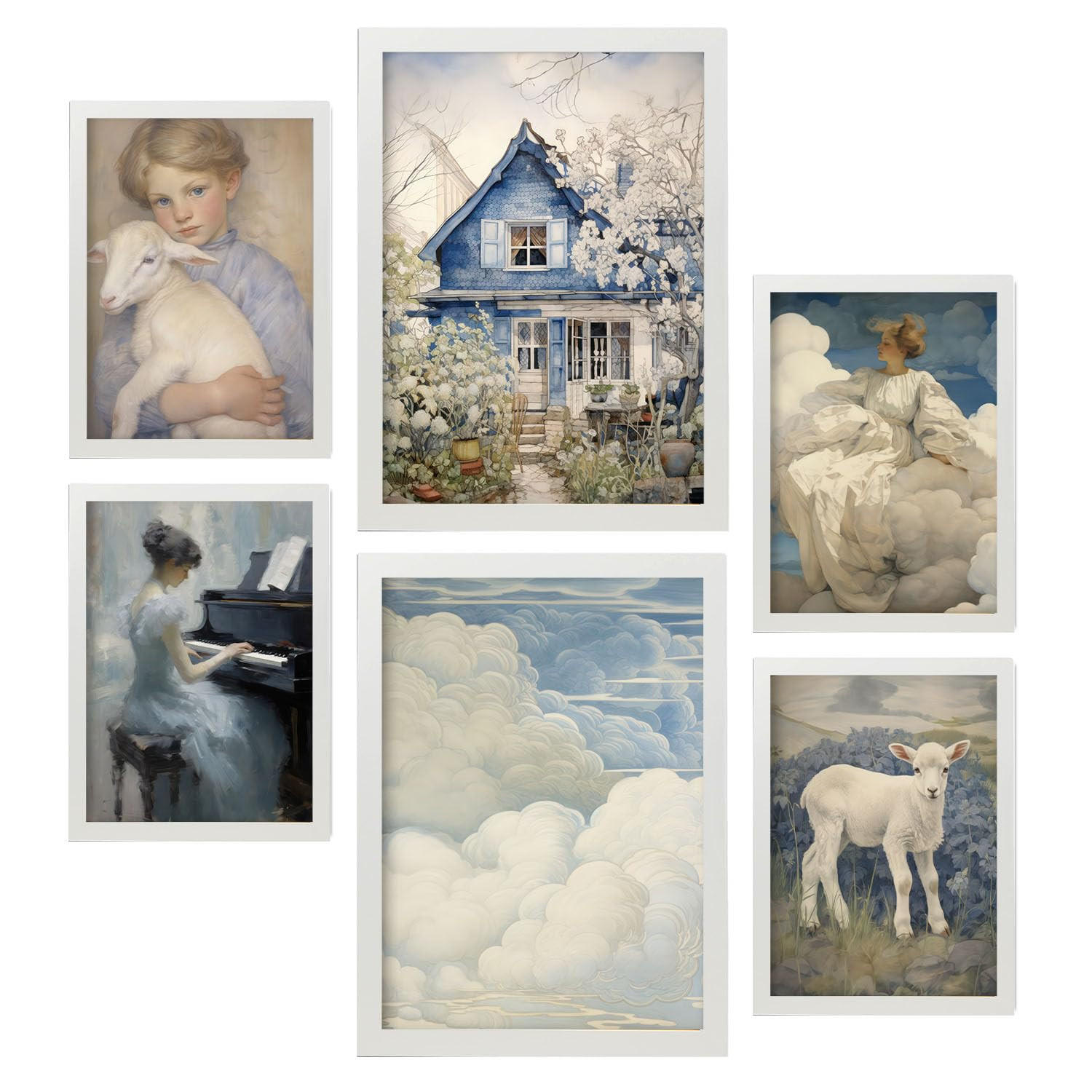 POSTER Set Mit 6 Romantischer Blau A3 & A4 Weißer Rahmen - Weiß, Papier (29/3cm) - Nacnic