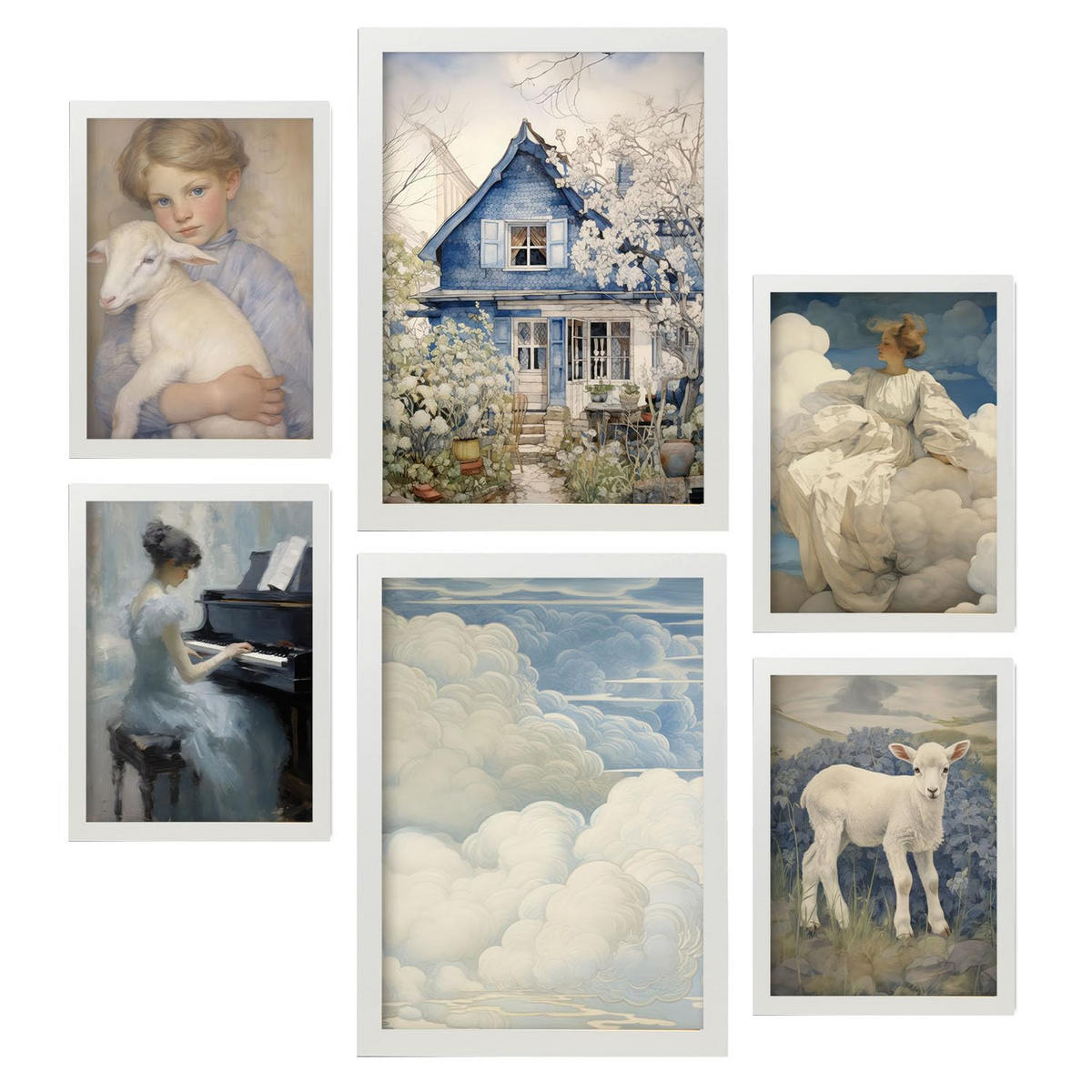 POSTER Set Mit 6 Romantischer Blau A3 & A4 Weißer Rahmen - Weiß, Papier (29/3cm) - Nacnic