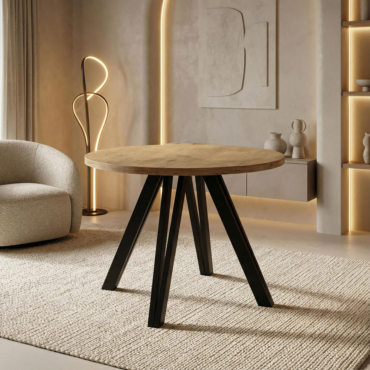 ESSTISCH Ravero runder ausziehbarer, Eiche Hell Braun 100-180/100/77 cm - Eichefarben/Schwarz, Holz/Holzwerkstoff (100/100/77cm) - WFL GROUP