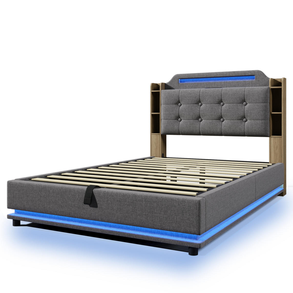 POLSTERBETT mit Bettkasten 140x200 cm Leinen Grau mit LED - Grau, Metall (140/200cm) - Meubliv