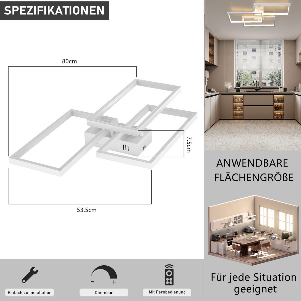LED-DECKENLEUCHTE Lia 80/54/8 cm - Weiß, Metall (80/54/8cm) - Nettlife