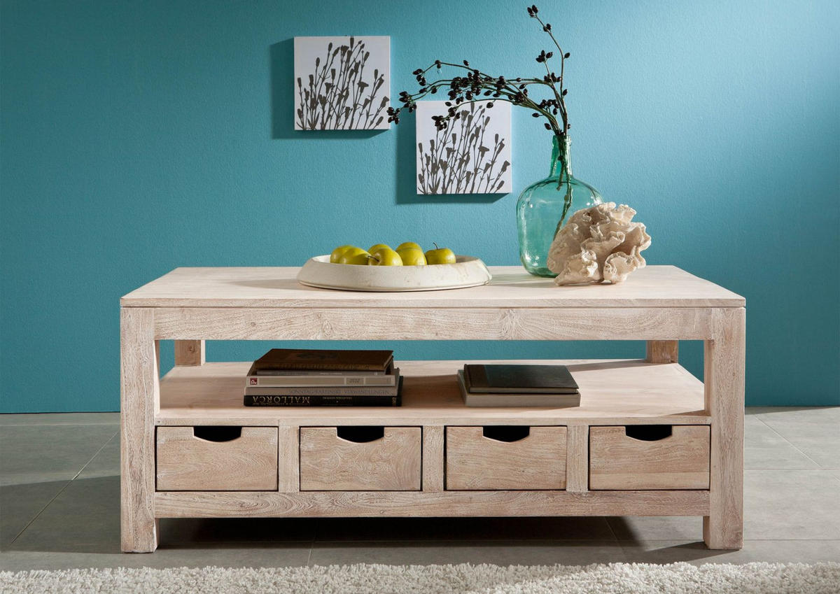 COUCHTISCH Akazie 120x70x50 white stone getüncht NATURE WHITE #33 - Beige, Holz (120/70/50cm) - Massivmoebel24