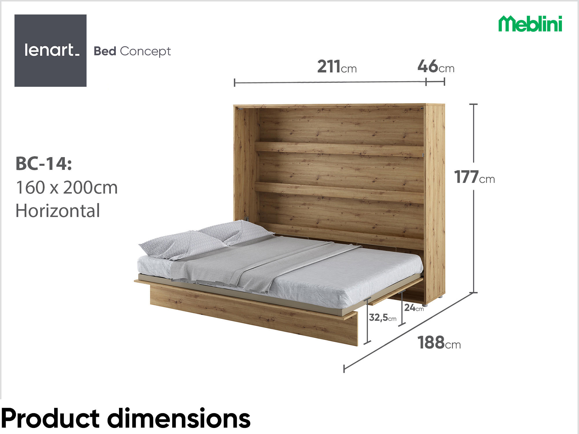 SCHRANKBETT BC-14 - 160x200cm Horizontal - Artisan Eiche mit Matratze - Eiche Artisan, Holzwerkstoff (200/160cm) - Meblini