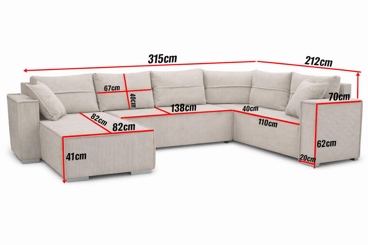 WOHNLANDSCHAFT STYLO U-Form mit Schlaffunktion Bettkasten Cordstoff Poso Anthrazit - Anthrazit, Kunststoff (315/90/215cm)