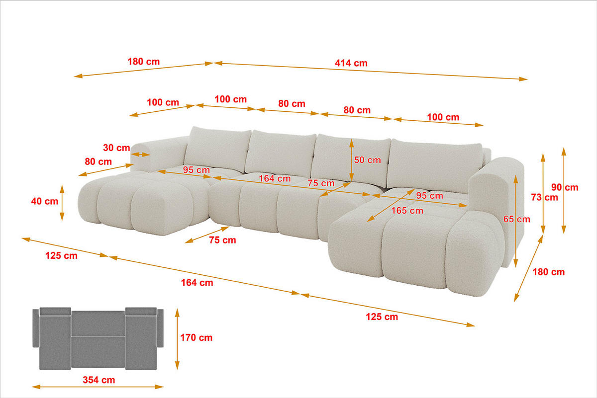 WOHNLANDSCHAFT Ottomane Links CLOUD-U 414x180x40 Weiß Bouclé - Weiß, Holzwerkstoff/Kunststoff (414/90/180cm) - ALTDECOR