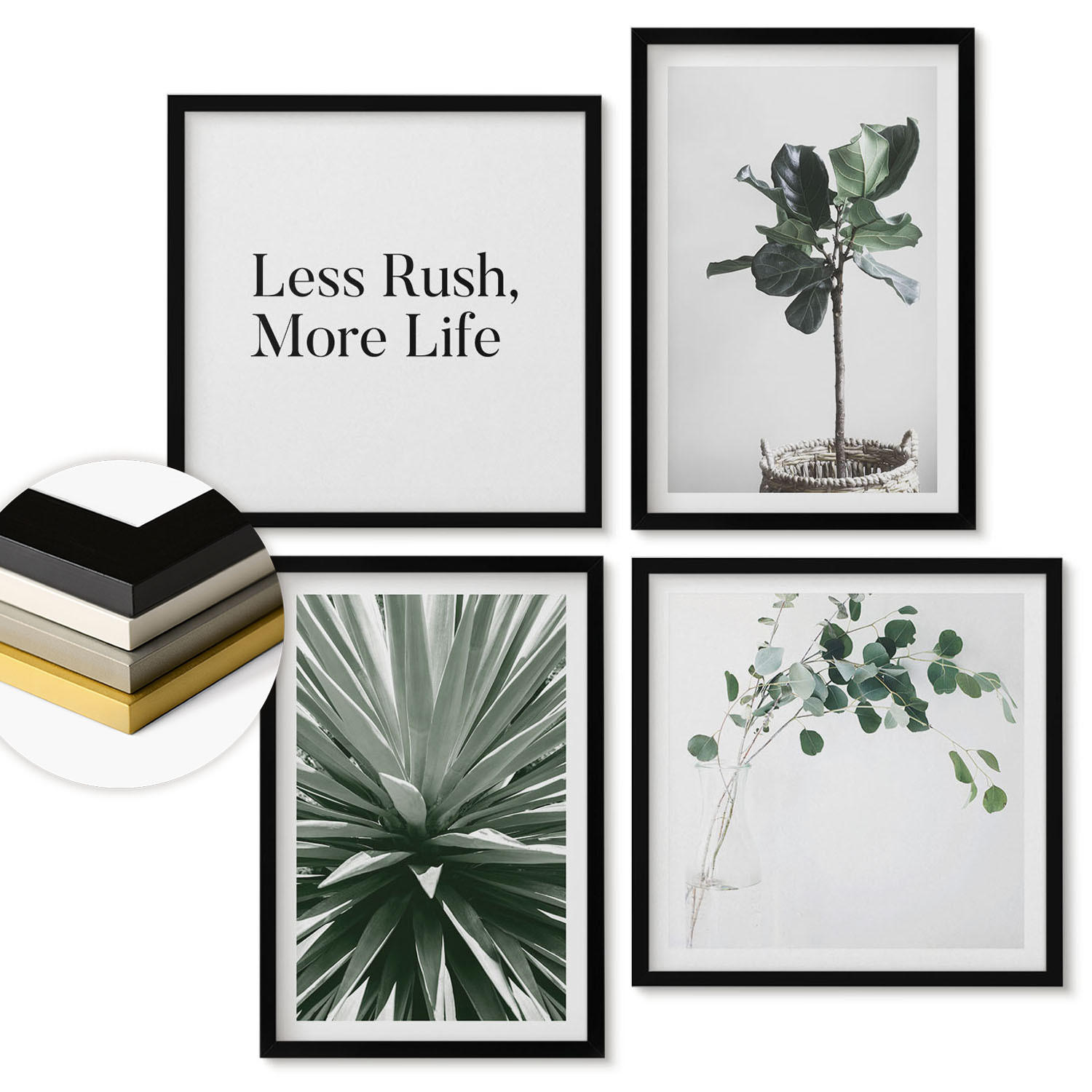 WANDBILDER 4er-Set - 50x50 cm & 40x60 cm Schwarzer Rahmen - Minimalismus mit grünen Pflanzen - Schwarz, Kunststoff (50/50cm) - ArtPrintCave