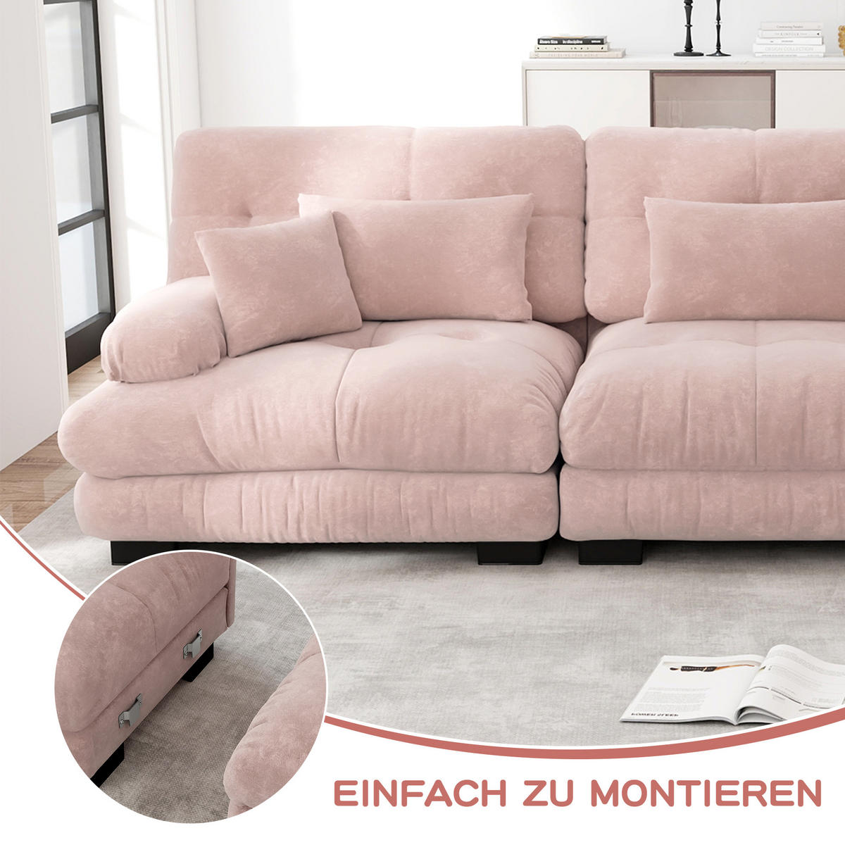 2-SITZER SOFA chenille rosa mit 4 kissen & modularem design - Pink, Textil (220/81/77cm) - Urban Meuble