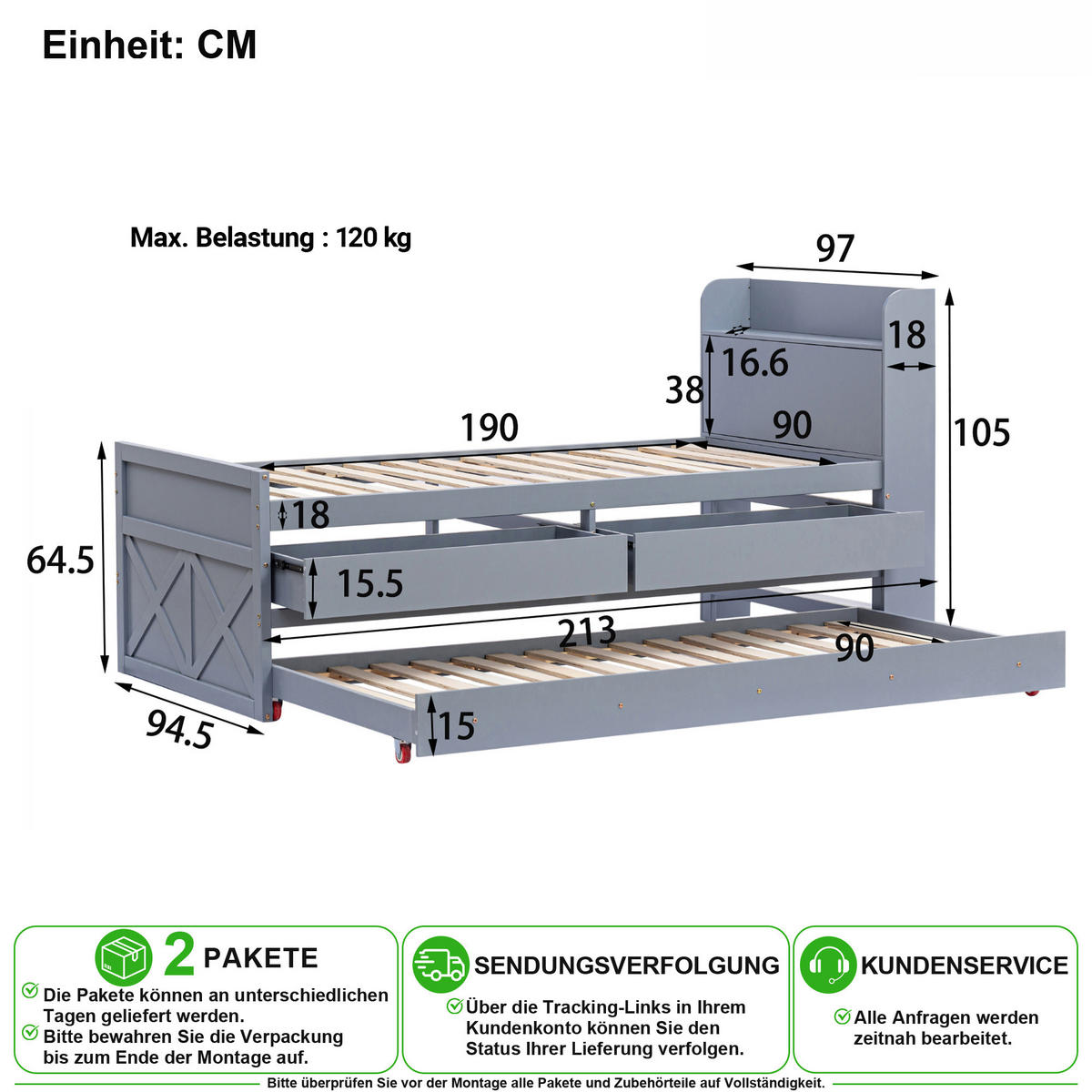 BETT 90/190 cm in Grau mit 2 Schubladen, USB und Ablage Massivholz - Grau, Holz/Holzwerkstoff (90/190cm) - CHICFURN
