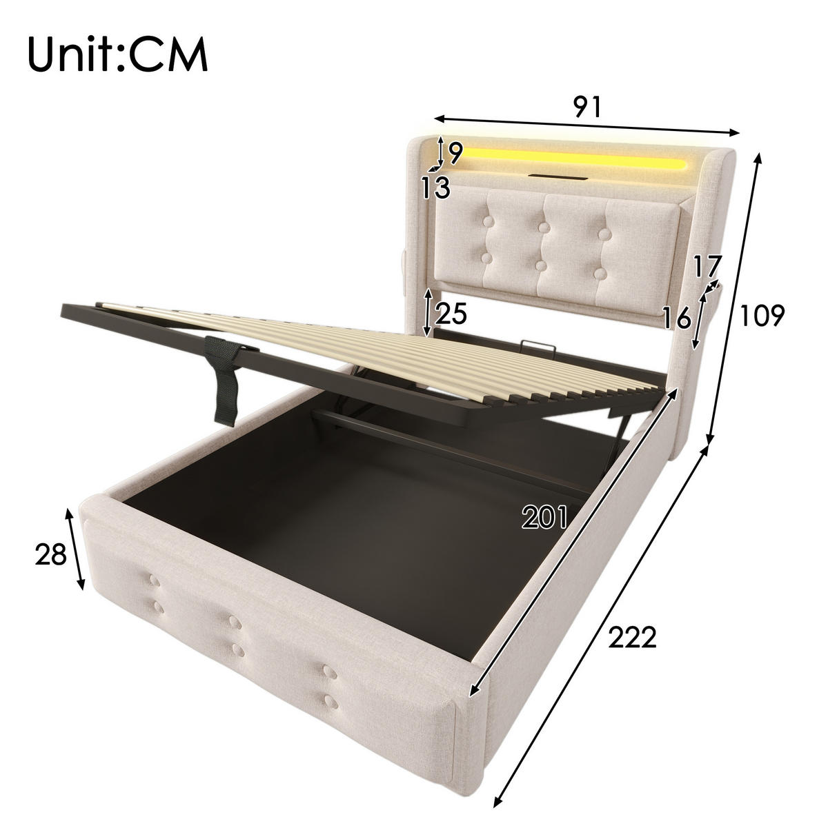 POLSTERBETT 90/200 cm Beige mit Bettkasten, LED und USB- und Type-C-Anschlüssen - Beige, Textil (90/200cm) - Flora Grace