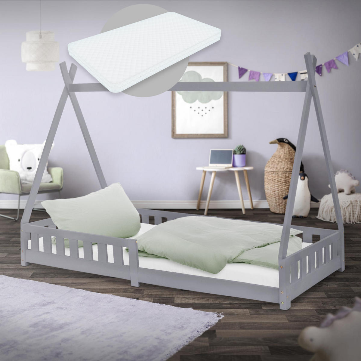 KINDERBETT Tipi mit Matratze 90x200 cm Hellgrau - Hellgrau, Holz (90/200cm) - ML-DESIGN