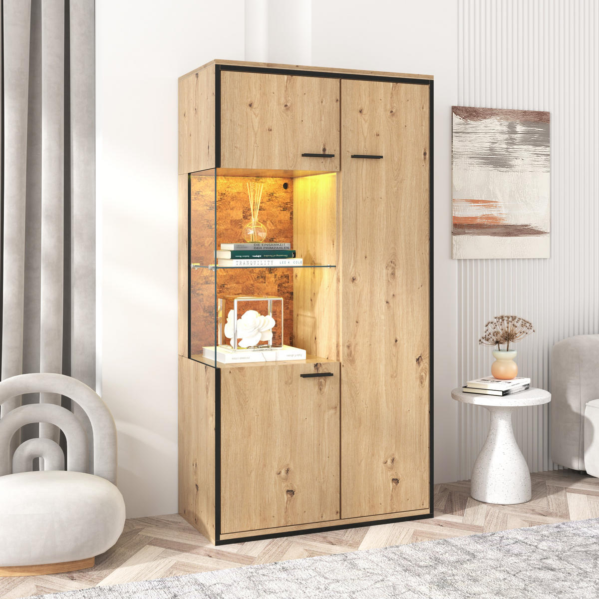 VITRINE-BUFFET Holzeffekt 78/40/150 cm - Braun, Glas/Holzwerkstoff (40/150/78cm) - Urban Meuble