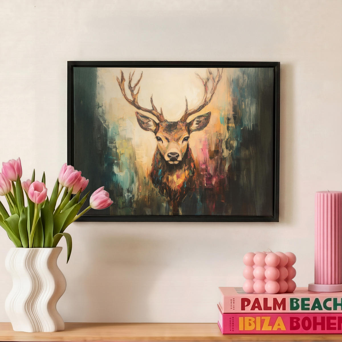 LEINWAND Bilder mit Rahmen - Hirsch - Gemalt - Geweih - Braun - 40x30 - Haselnussfarben, Textil (40/30cm) - MuchoWow