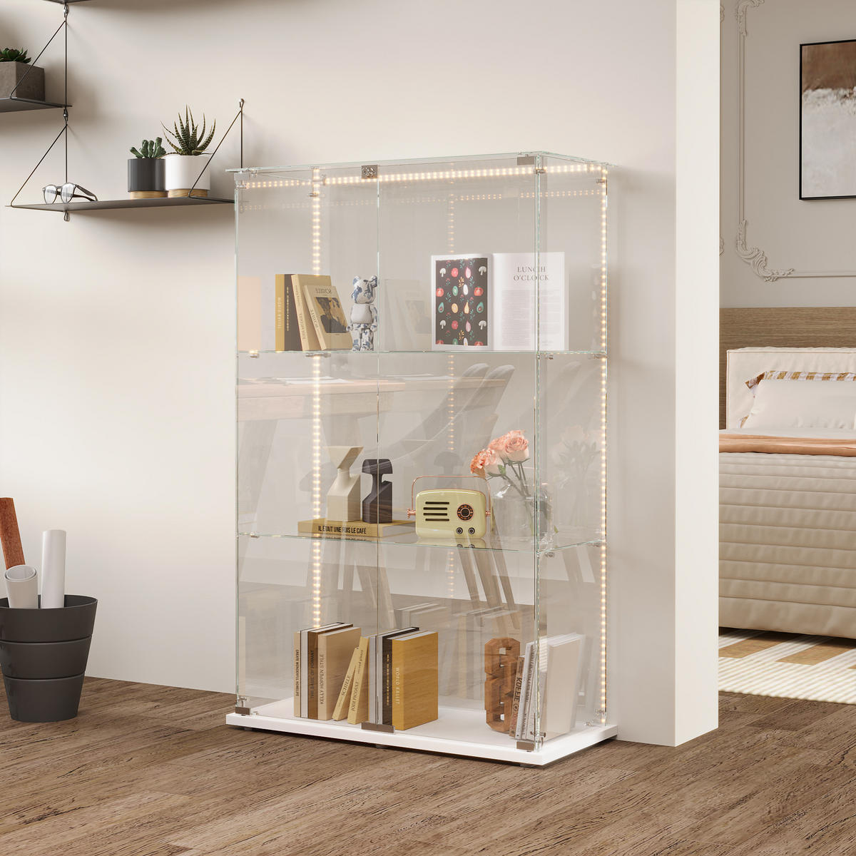 GLASVITRINE, stehend mit 3 Einlegeböden, LED-Lichtleiste, Doppeltür mit Sicherheitsschloss in Weiß - Weiß, Glas (35/123.3/78.5cm) - BRILVERDE