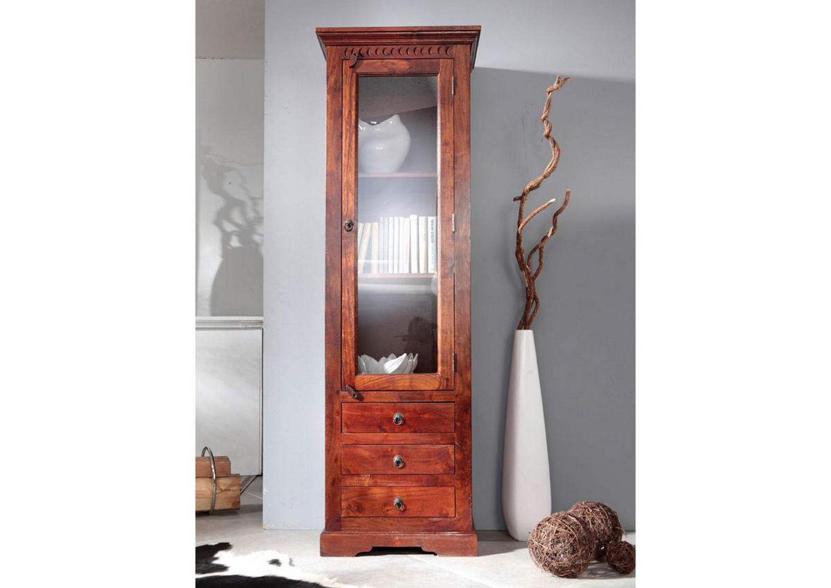 VITRINE Akazie 60x44x190 nougat lackiert OXFORD #528 - Dunkelbraun, Holz (60/190/44cm) - Massivmoebel24