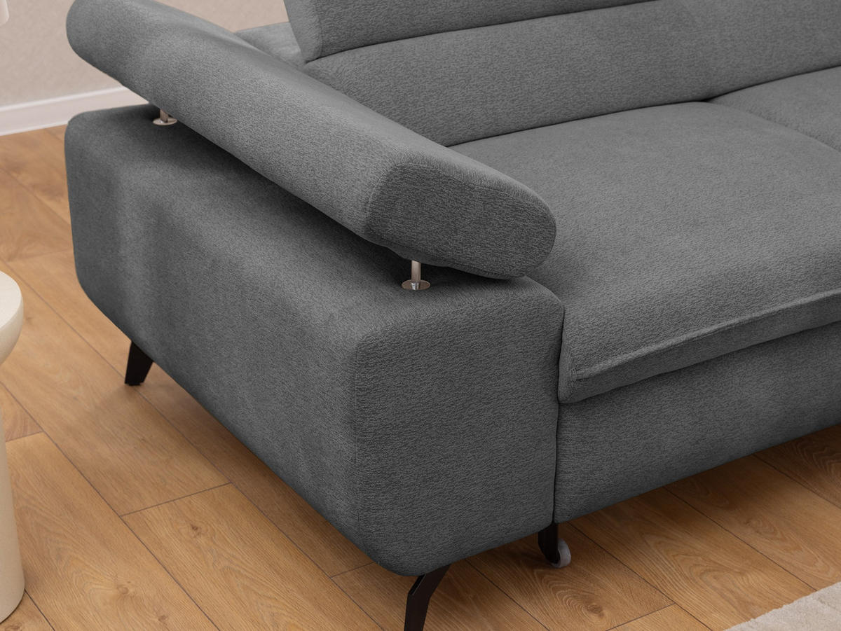 ECKSOFA mit Schlaffunktion und Bettkasten Bonnie aus Grau Chenille-Stoff mit verstellbaren Kopfstützen und Armlehne - Ottomane rechts - Schwarz/Grau, Holz/Textil (275/210cm) - S-Style Möbel