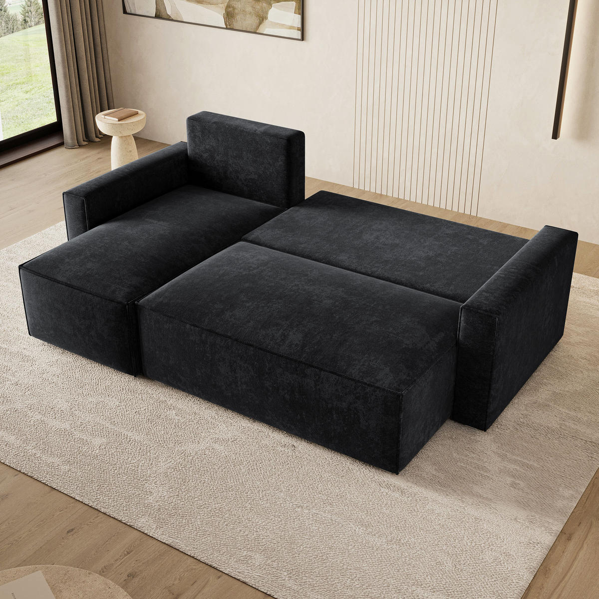 ECKSOFA POTARO LM Schwarz Chenille mit Schlaffunktion - Schwarz, Holzwerkstoff/Textil (232/140cm) - MASSENO