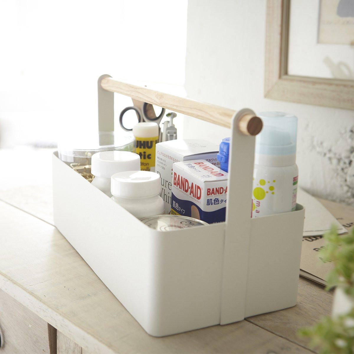 AUFBEWAHRUNGSKORB aus weißem Metall mit Holzgriff - L29 cm - Weiß, Metall (13/16/29cm) - Yamazaki