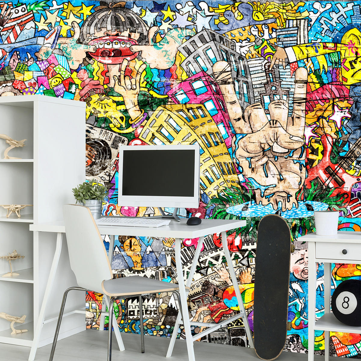 FOTOTAPETE für Jugendzimmer Buntes Graffiti Streetart Bunt 300x210 - Türkis/Gelb, Papier (300/210cm) - Muralo