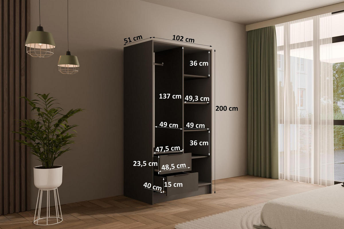 KLEIDERSCHRANK mit Flügeltüren KOLIN 100x200cm Graphit - Graphitfarben, Holzwerkstoff (102/200/51cm) - ALTDECOR
