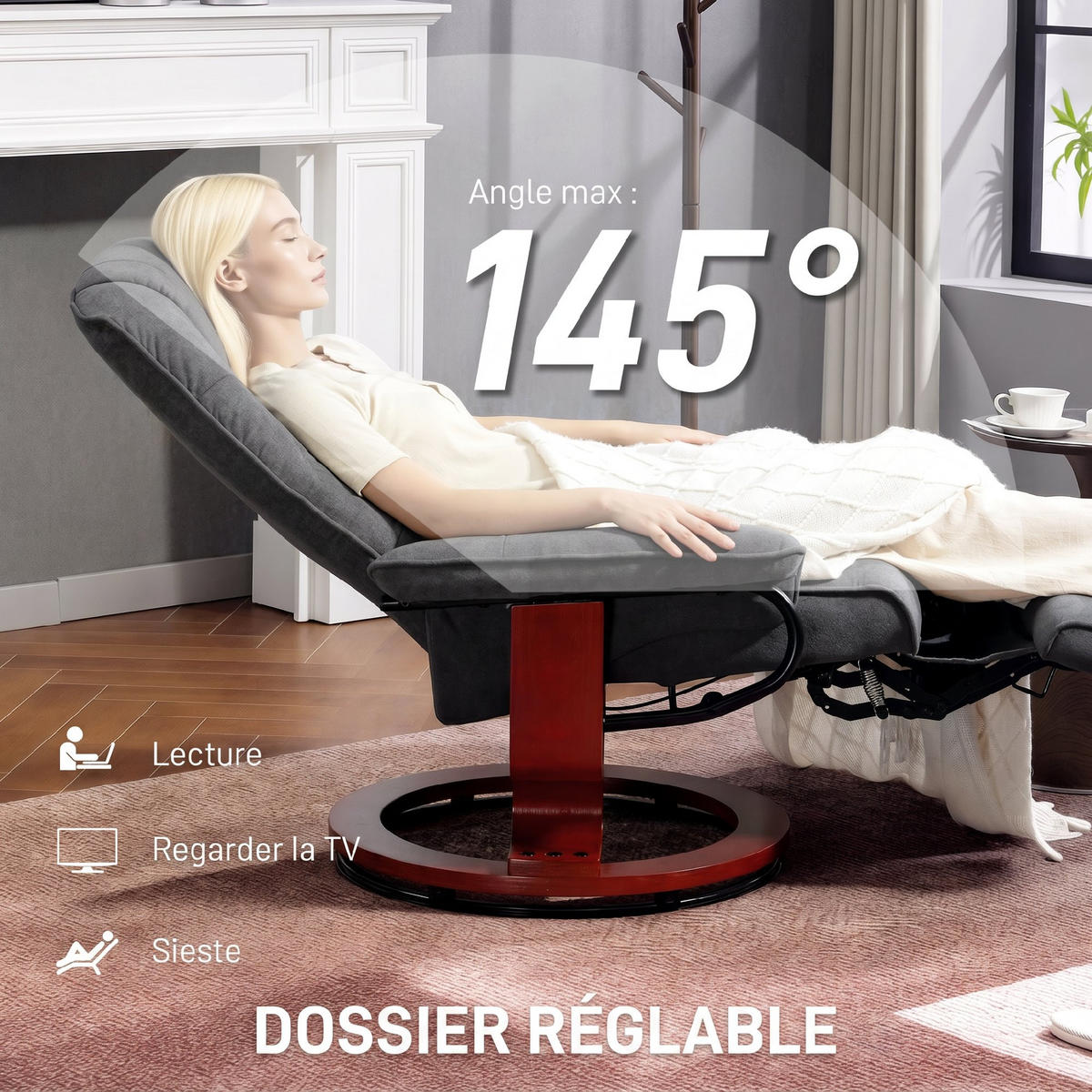 RELAXSESSEL,360° schwenkbar Leinenoptik Holzfuß Fußstütze,grau - Grau, Textil (87/100/78cm) - Vallsero