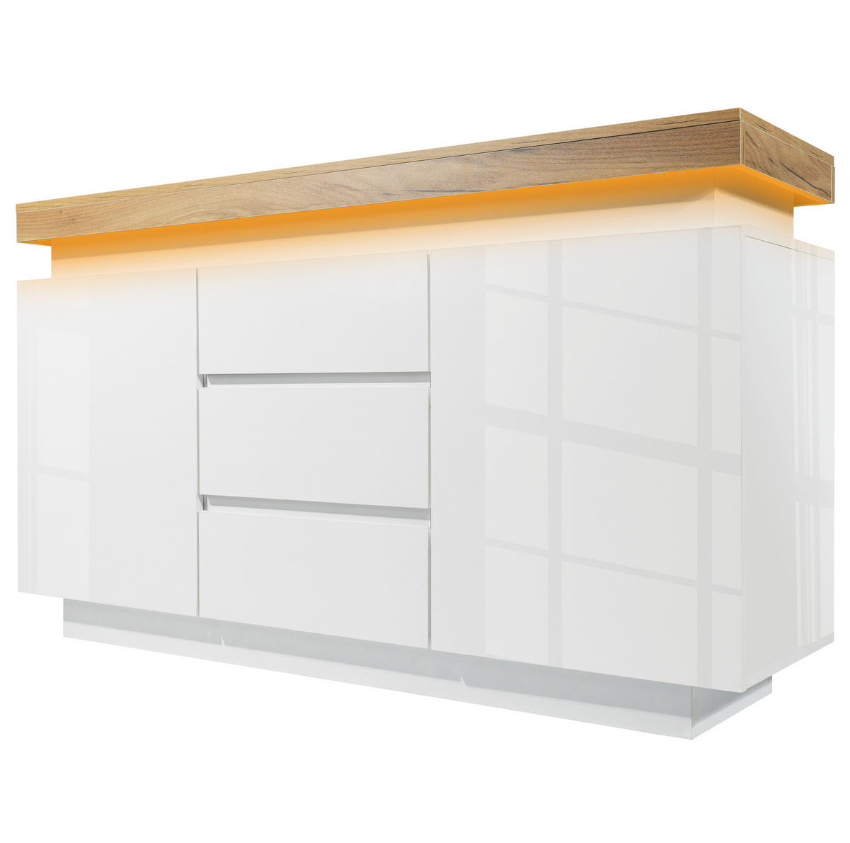 KOMMODE aus Spanplatte und MDF 39x140x81 cm Weiß mit LED-Beleuchtung, 2 Türen, 3 Schubladen und verstellbaren Einlegeböden - Weiß, Holzwerkstoff (140/81/39cm) - Modfu