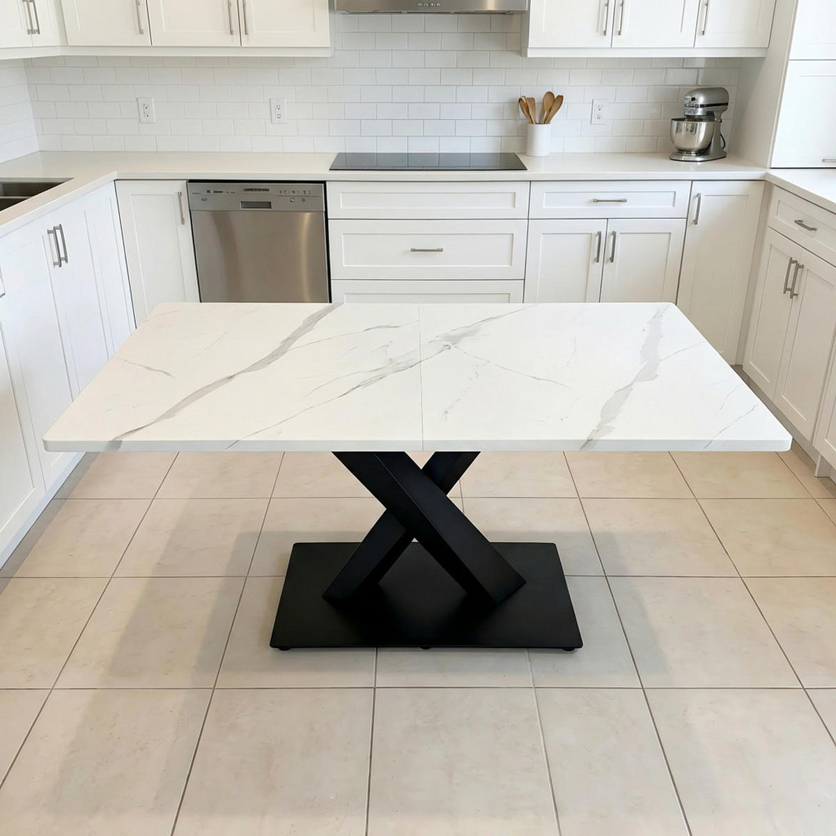 ESSTISCH rechteckiger Weiß mit schwarzem Metallgestell, X-förmigen Beinen, 160/80/75 cm - Weiß, Holz (80/160/75cm) - Oxeza