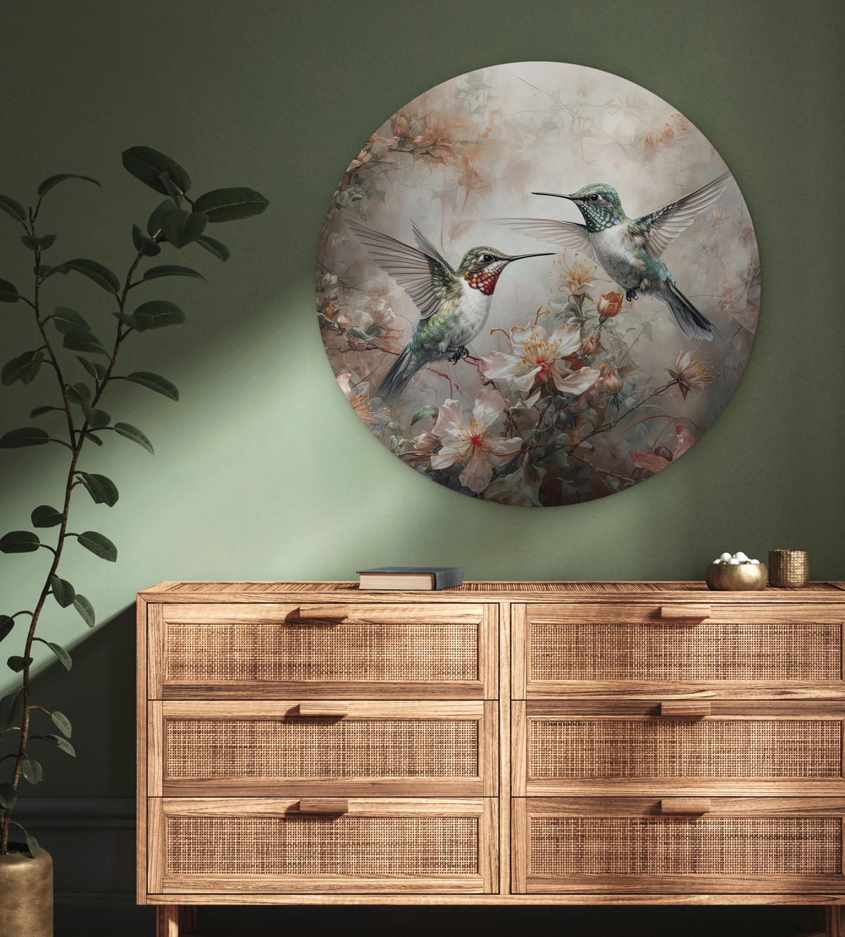 WANDBILD Kolibri - Vögel - Blumen - Pflanzen 90x90 cm - Hellgrün, Kunststoff (90/90cm) - MuchoWow