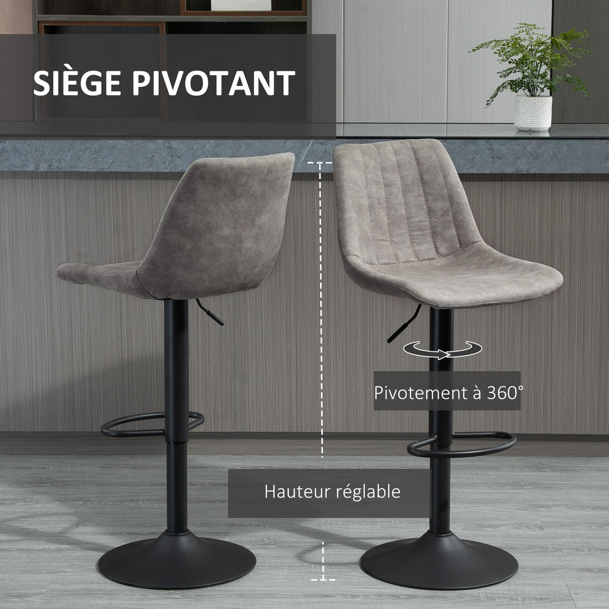 BARHOCKER 2er-Set DE-14744 höhenverstellbar & schwenkbar mit Fußstütze Grau - Grau, Metall (46.5/110/43cm) - ComfortXL