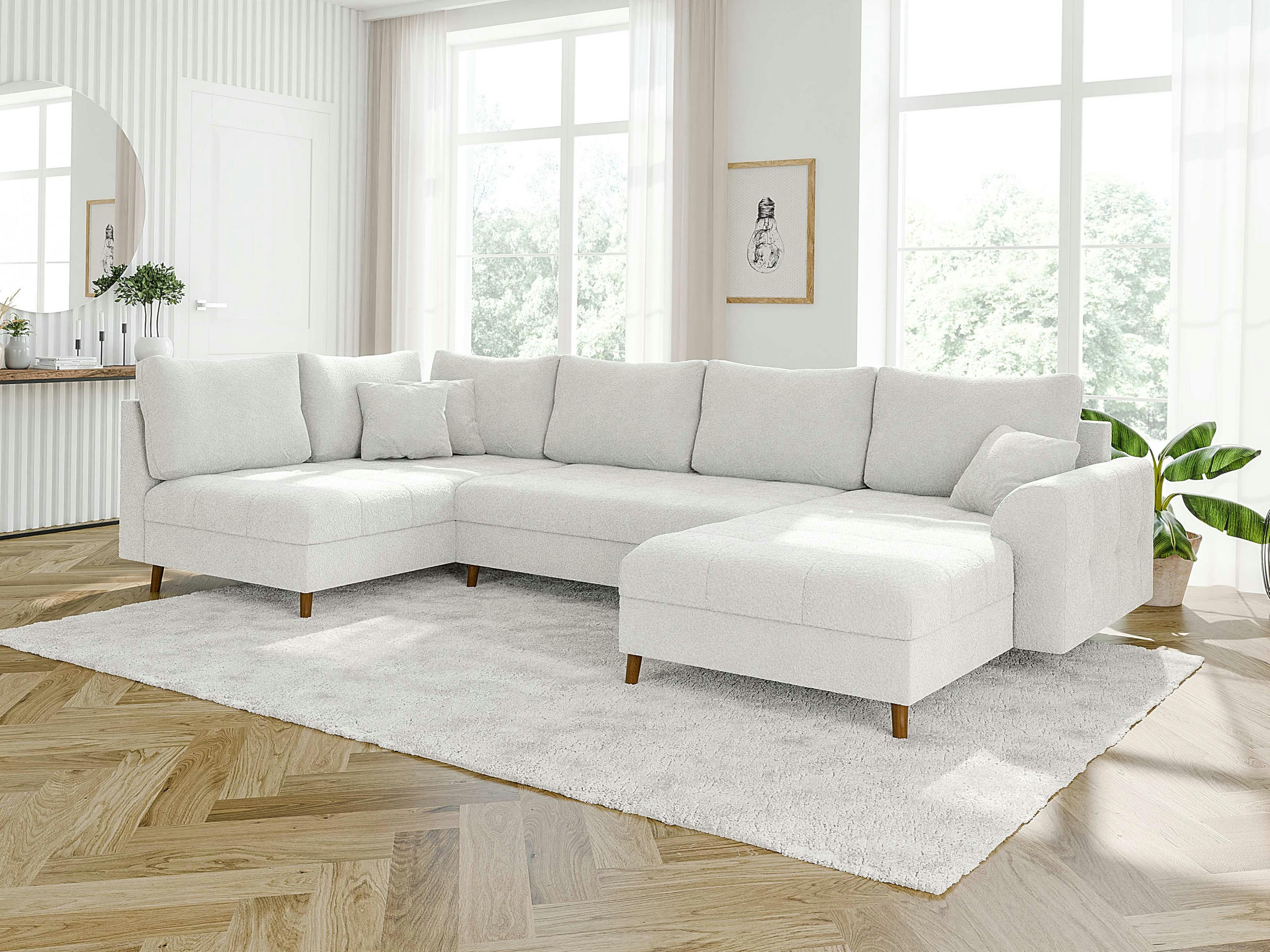 WOHNLANDSCHAFT Henrik Weiß Boucle - Ottomane rechts - Weiß/Braun, Holz/Textil (310/81/161cm) - S-Style Möbel