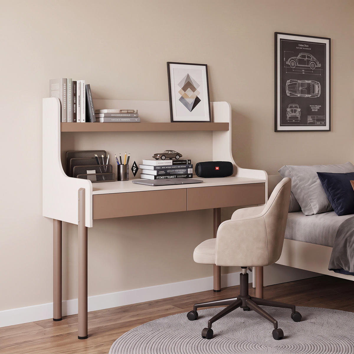 SCHREIBTISCH Boreo mit 2 Schubladen und Aufsatz, 118 cm, Kaschmir+Hellbraun - Hellbraun/Kaschmir, Metall (58/118/118cm) - Beautysofa
