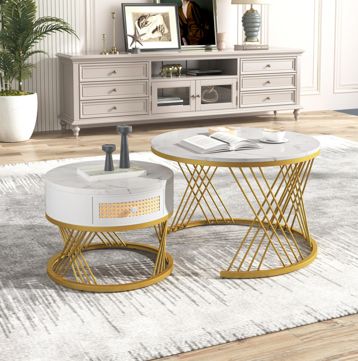 COUCHTISCH-SET 70/70/48 cm mit Schublade, Marmormuster und MDF, Weiß/Gold - Weiß, Holzwerkstoff (70/70/48cm) - Redom