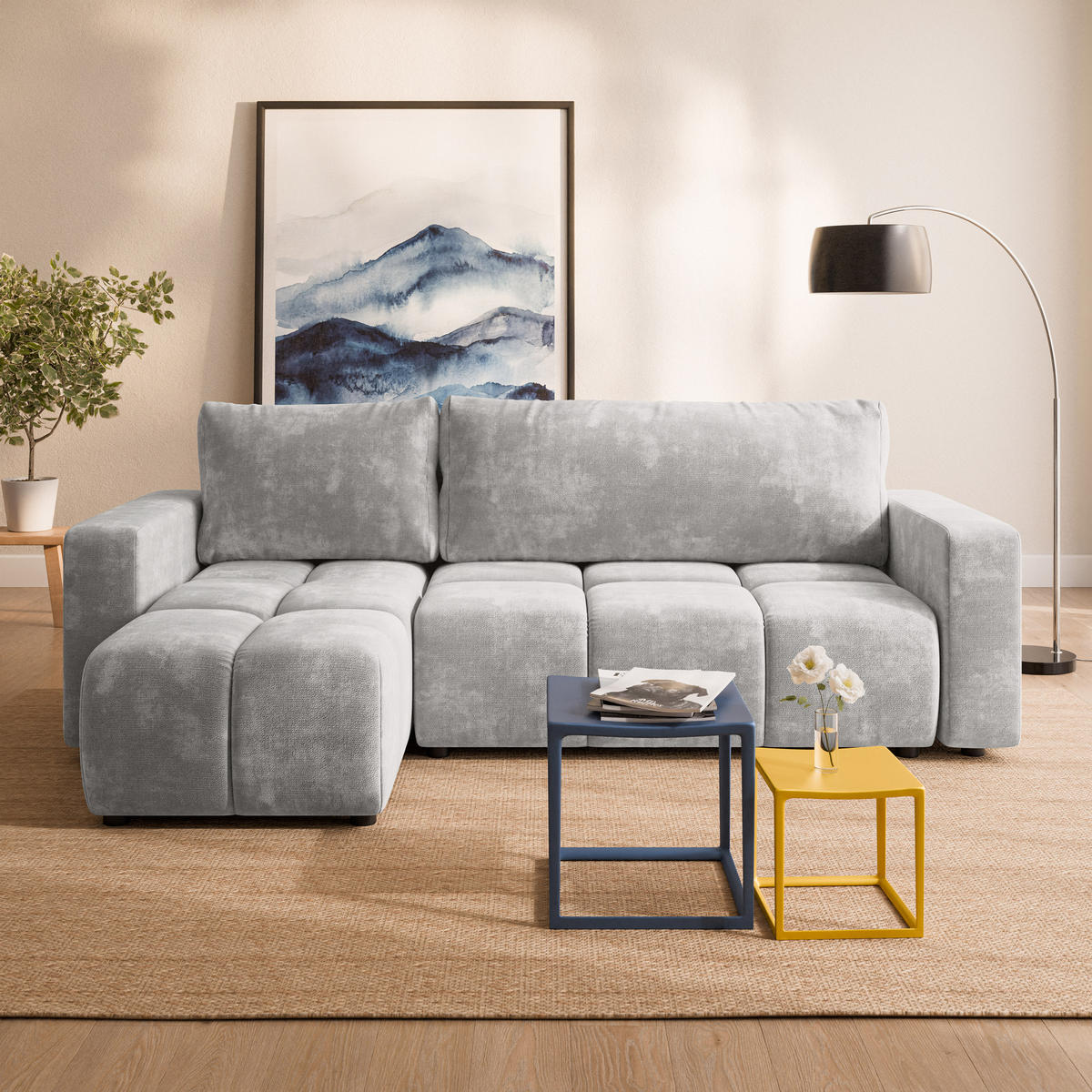 ECKSOFA RAMIL Hellgrau Chenille mit Schlaffunktion - Hellgrau, Holz (240/149cm) - MASSENO